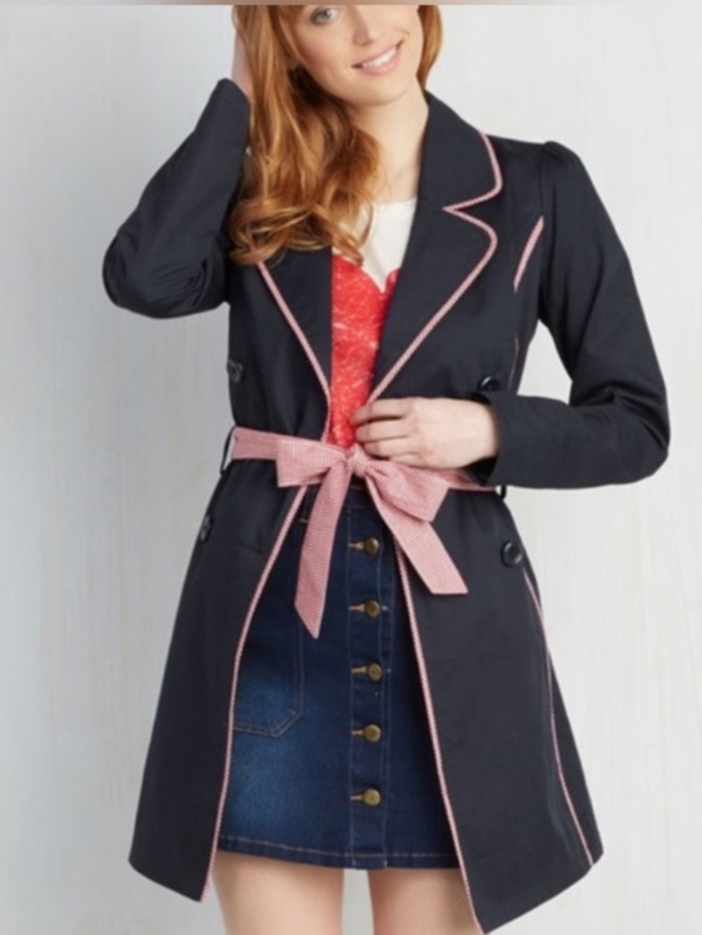 ModCloth East Coast Tour Navy Trench Coat with Red Gingham Trim and Tie XL